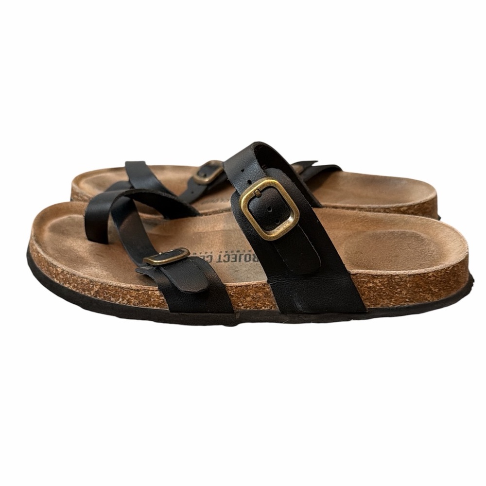Project Cloud Black Leather Sandals Size 8 Slip On Comfort Strappy Boho Hippie